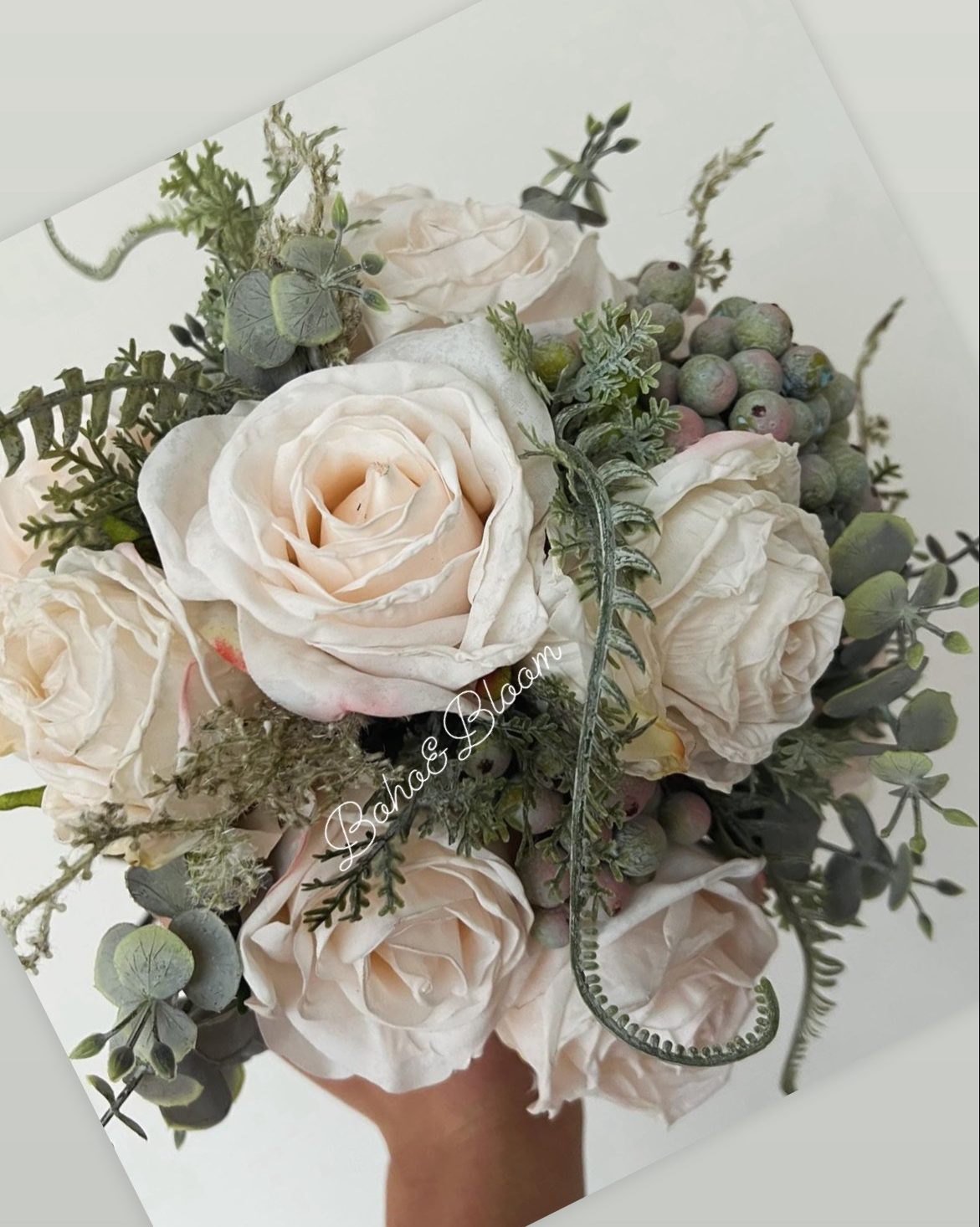 Provence Ivory Berry and eucalyptus Faux Floral Hand tied Wedding Bouquet