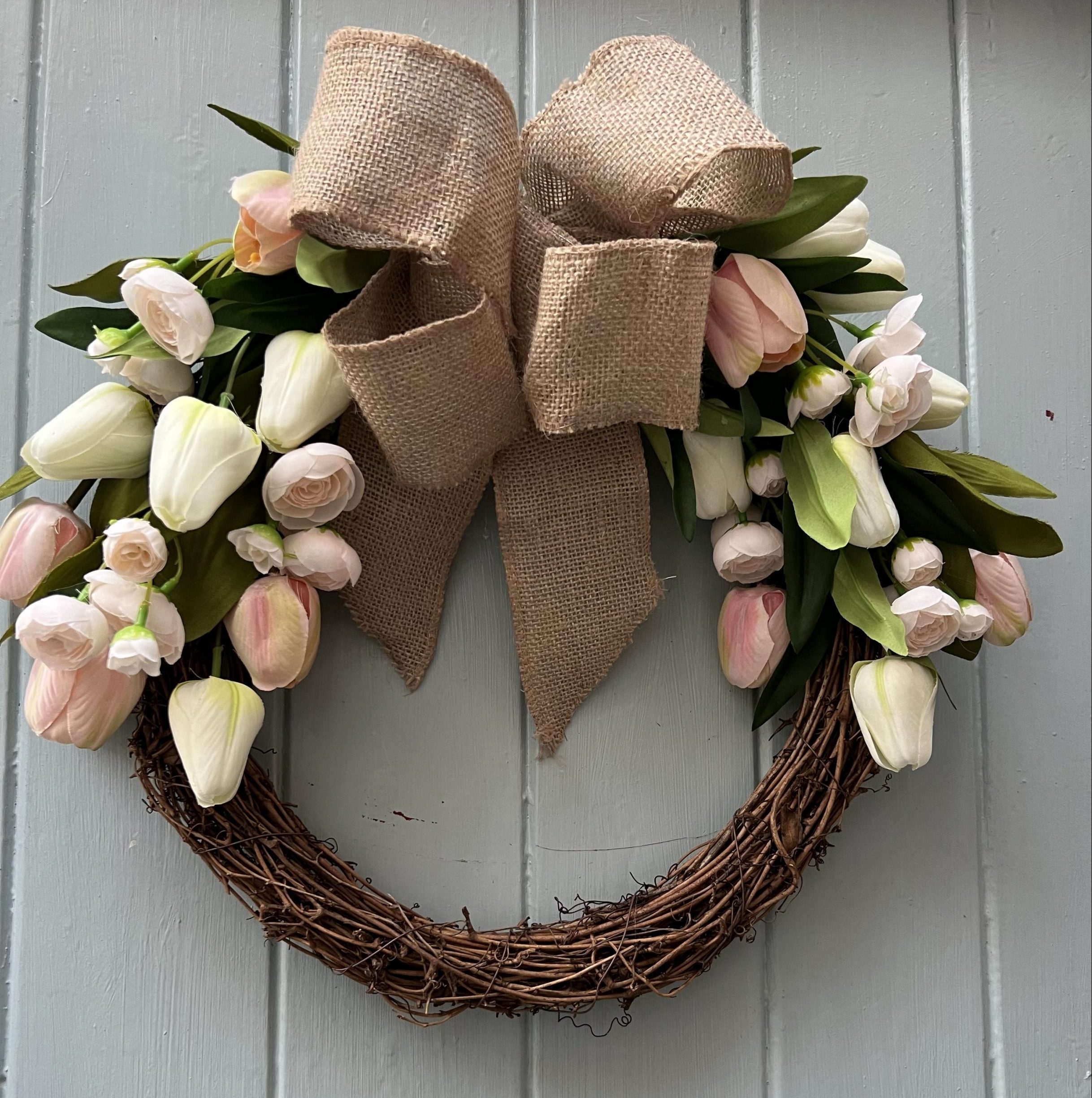 Farmhouse rustic Spring Summer Willow and Tulips Door wreath