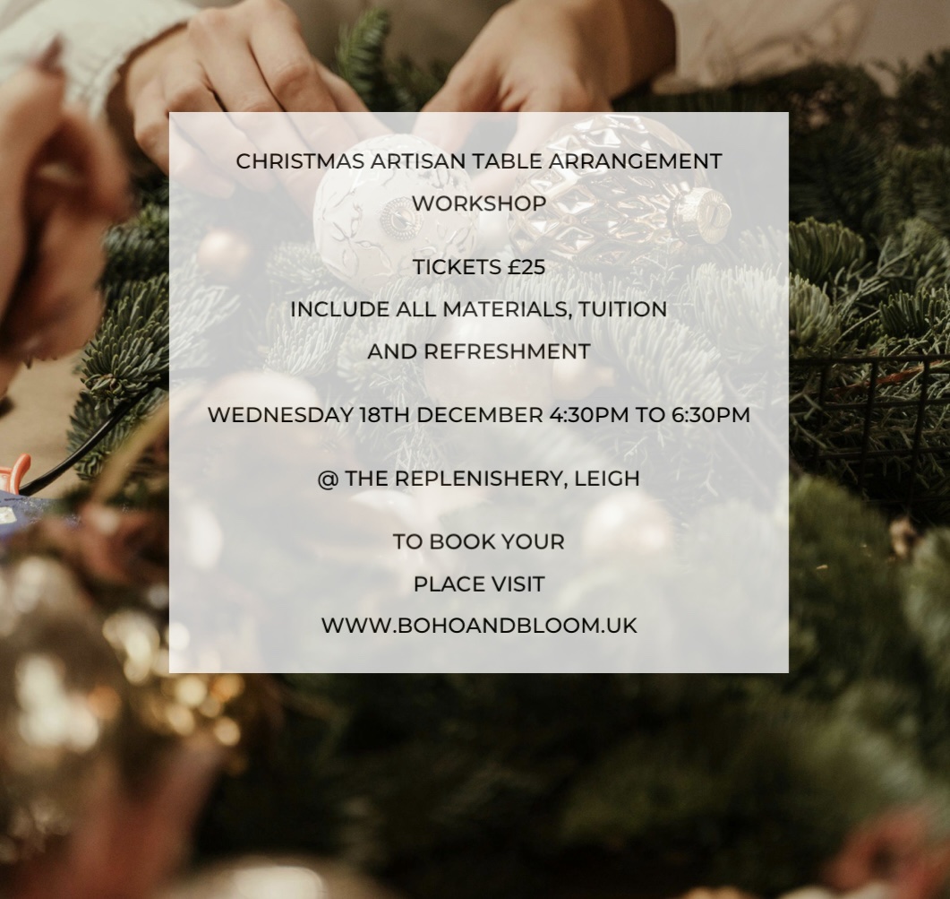 Artisan Christmas Table arrangement Workshop - The Replenishery Leigh 18th December 2024
