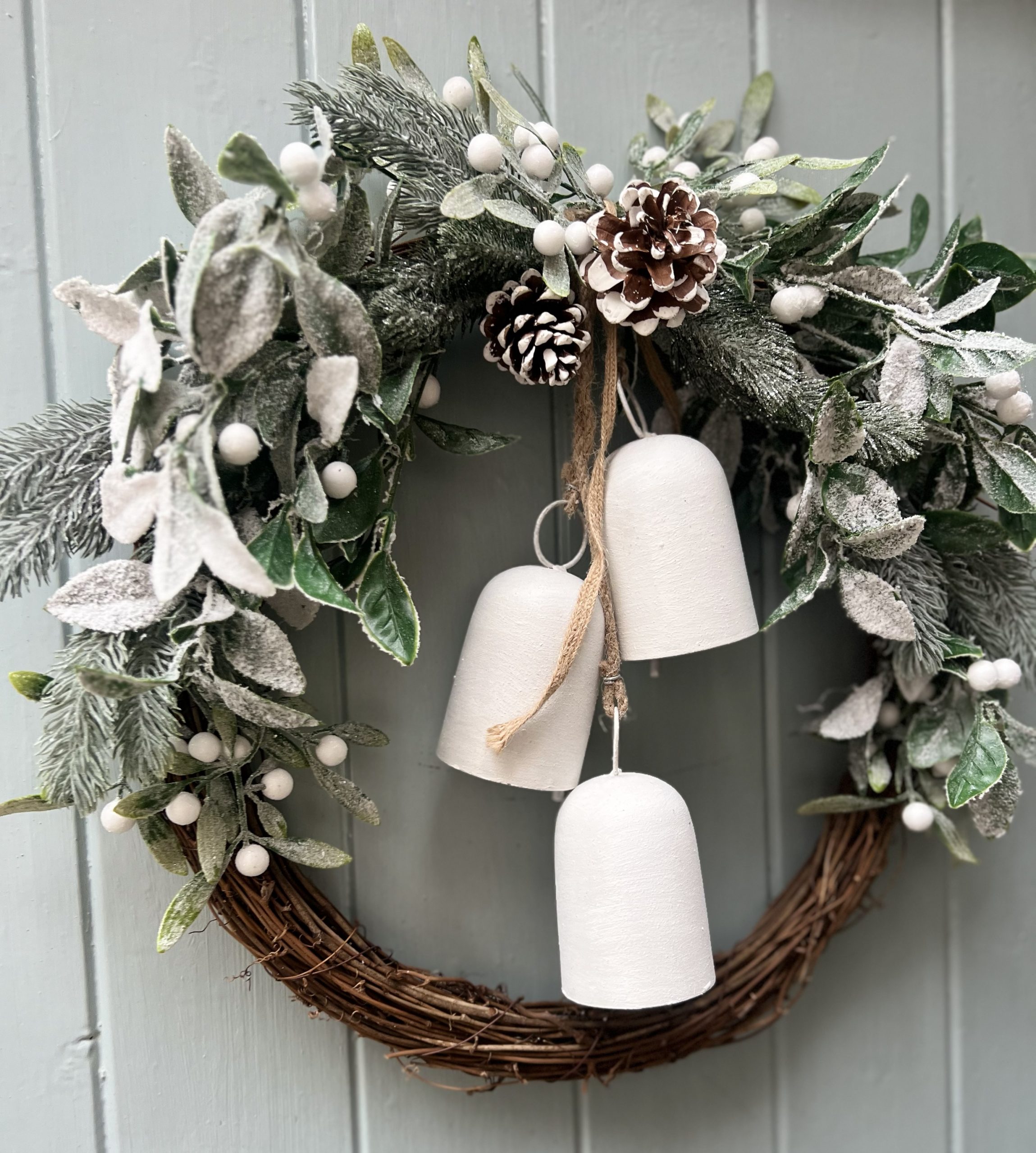 Farmhouse Christmas rustic Winter Mistletoe Willow with Bells Door wreath