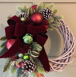 Burgundy Lime Christmas Velvet on white Willow Door wreath